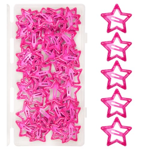 ELANE 70 Pcs Glitter Star Snap Hair Clips for Women Girl,Cute Hair Barrettes for Women Fine Thin Hair Accessories DIY (Glitter-Rosered) - color: Rosered