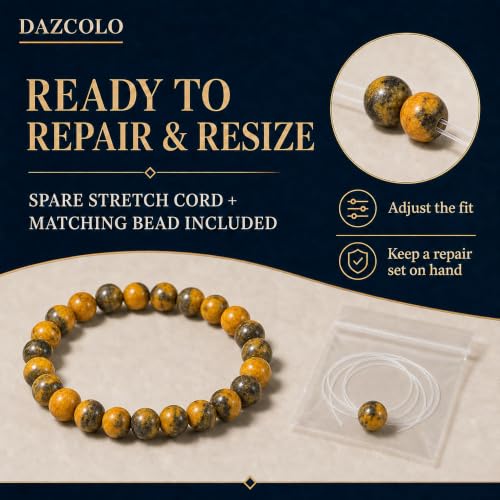 8mm Natural Crystal Stretch Bracelet | Handmade Round Stone Bead Bracelet, Runs Large, Meditation Yoga Gift for Women & Men - color: Bumblebee Jasper