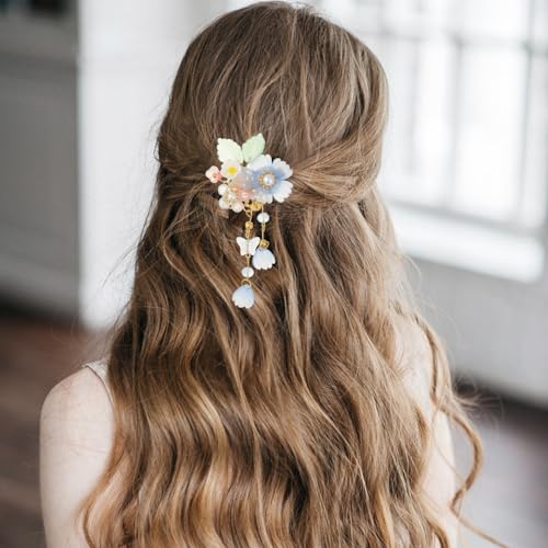 A Pair Wedding Hair Clips, Handmade Floral Design Crystal Hair Clips Pearl Barrettes, Rhinestones Flower Clips Pearl Headpieces Hair Pins Hair Accessories for Women Girls (Light Blue) - color: Light Blue