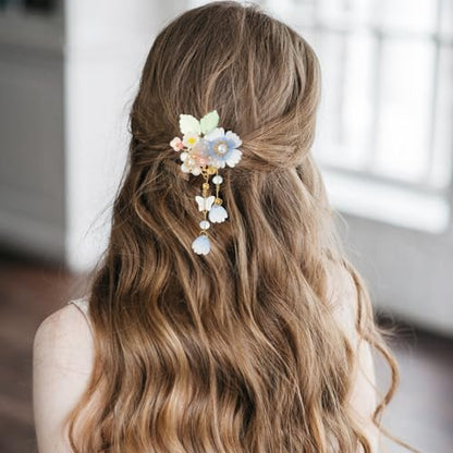 A Pair Wedding Hair Clips, Handmade Floral Design Crystal Hair Clips Pearl Barrettes, Rhinestones Flower Clips Pearl Headpieces Hair Pins Hair Accessories for Women Girls (Light Blue) - color: Light Blue