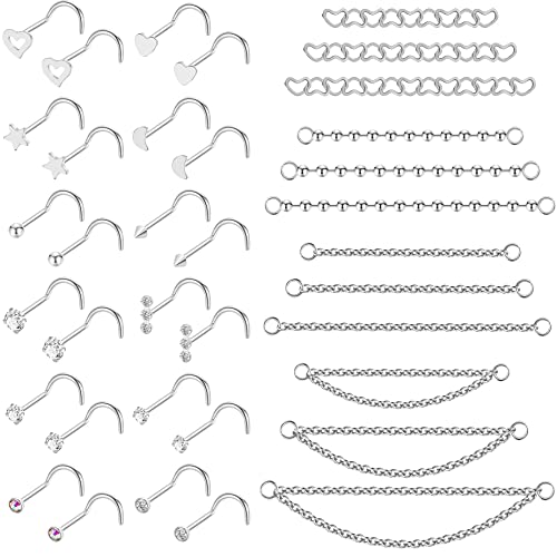20G Stainlesss Steel Nose Rings Stud Nose Chain Piercing Across Double Nose Stud Womens Nostril Piercing Jewelry - color: Screw Shaped Silver
