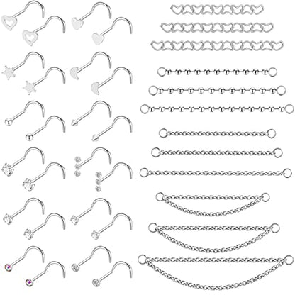20G Stainlesss Steel Nose Rings Stud Nose Chain Piercing Across Double Nose Stud Womens Nostril Piercing Jewelry - color: Screw Shaped Silver