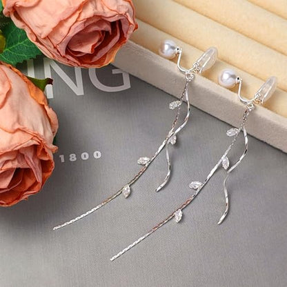 ASOQOLA Clip on Earrings Non Pierced for Women Long Dangle Drop Clip Earrings - Cubic Zirconia Leaf Earrings for Women Wedding Party Prom Jewelry Gifts - color: silver-white