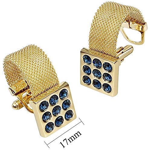 HAWSON Mens Cufflinks with Chain - Stone and Shiny Gold Tone Shirt Accessories - Party Gifts for Young Men - color: 24K Gold Color+Blue Crystal