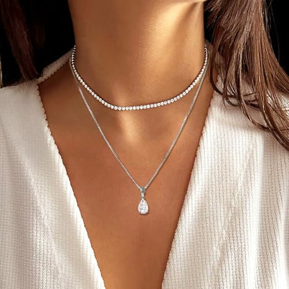 Layered Necklaces for Women, Dainty 14K Gold Plated Diamond Tennis Necklace, Simple Stackable Layered Gold Necklaces for Women Trendy Sparkly Cubic Zirconia Pendant Necklace Set Jewelry Gift - color: Silver- Tennis & Waterdrop Diamond
