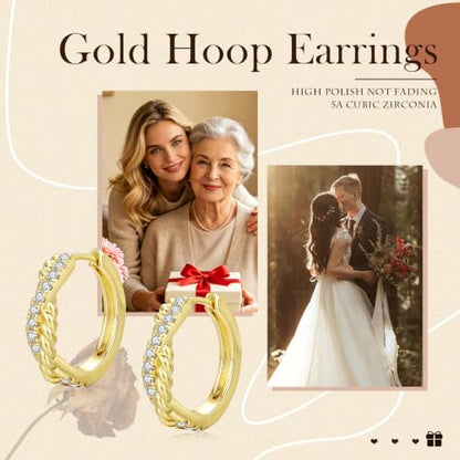 14K Gold Hoop Earrings for Women Thick Large Earrings Lightweight | Gold Plated Huggie Earrings for Women Hypoallergenic (with Gift Box) - color: Twisted CZ-20MM