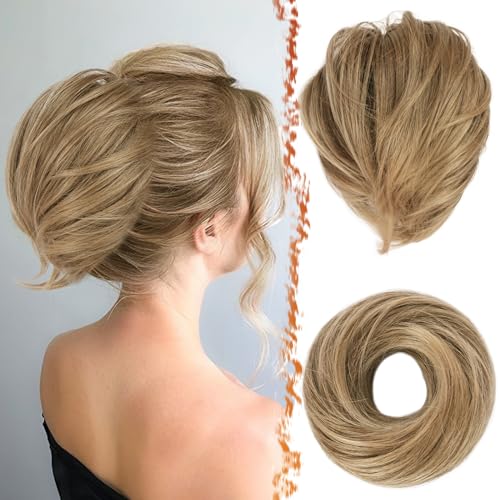 BARSDAR Straight Hair Bun Extensions - Short Straight Ponytail Hair Bun Extensions for Women, Elastic Synthetic Blonde Messy Hair Bun Scrunchies Hairpieces Daily - Ash Brown Mixed - color: Ash Blonde & Beige Blonde Evenly, size: 1 Count - Elastic