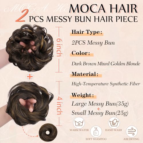 2PCS Messy Bun Hair Pieces Synthetic Hairpieces For Women | Messy Bun and Donut Bun in one set for natural-looking volume and elegant updos for every occasion. - color: Dark Brown with Caramel Highlights