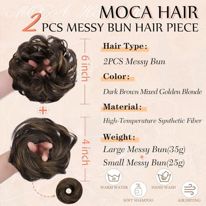 2PCS Messy Bun Hair Pieces Synthetic Hairpieces For Women | Messy Bun and Donut Bun in one set for natural-looking volume and elegant updos for every occasion. - color: Dark Brown with Caramel Highlights