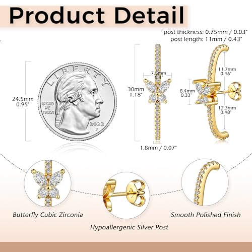 CZ Suspender Cuff Stud Earrings Wrap Earlobe Silver Post Cubic Zirconia Minimalist Jewelry for Women - color: Gold Butterfly CZ