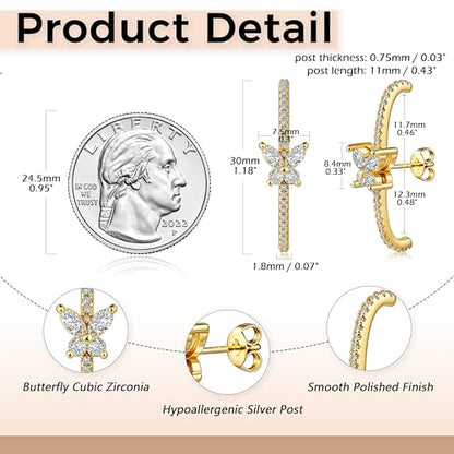 CZ Suspender Cuff Stud Earrings Wrap Earlobe Silver Post Cubic Zirconia Minimalist Jewelry for Women - color: Gold Butterfly CZ