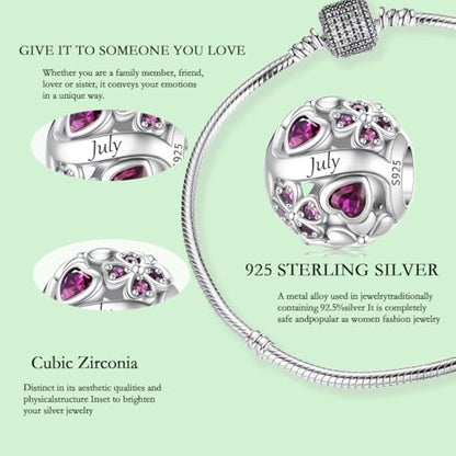 925 Sterling Silver Lucky Clover Birthstone Charms for Bracelets Dangle Pendant with 5A Cubic Zirconia Compatible Pandora Bracelets, Ladies Birthday Gift - style: 7-July