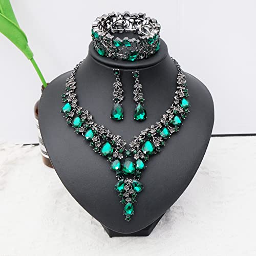 CSY Elegant Crystal Costume Jewelry Sets Flower Bridal Necklace Earrings Stretch Bangle Set for Bride Bridesmaid Wedding Dress Accessories - color: green crystal-black tone