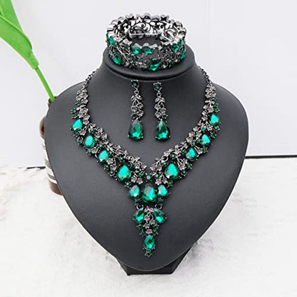 CSY Elegant Crystal Costume Jewelry Sets Flower Bridal Necklace Earrings Stretch Bangle Set for Bride Bridesmaid Wedding Dress Accessories - color: green crystal-black tone