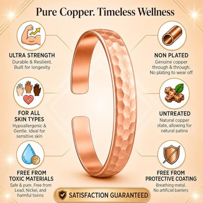 Healing Monk Pure Copper Bracelet for Men & Women – Handmade Uncoated Copper Jewelry Cuff – Adjustable Healing Copper Bracelets for Arthritis – Mens & Womens Copper Cuff Pulsera de Cobre - style: Hammered