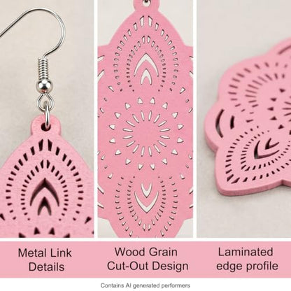 Boho Black Filigree Dangle Earrings for Women, Lightweight Hollow Lace Drop, Wood, 3.34" x 1.69", Bohemian Jewelry - color: Pink