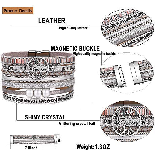 Desimtion Inspirational Tree of Life Boho Leather Wrap Bangle Bracelets for Women, Teen Girl Gifts Trendy Stuff, Fashion Accessories Jewelry Gifts for Women Girls - color: Silver