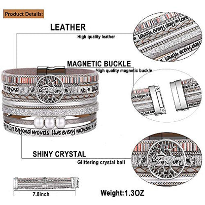 Desimtion Inspirational Tree of Life Boho Leather Wrap Bangle Bracelets for Women, Teen Girl Gifts Trendy Stuff, Fashion Accessories Jewelry Gifts for Women Girls - color: Silver