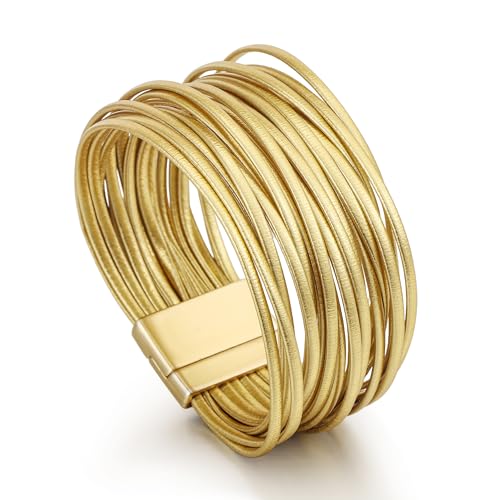 Edoneery Leather Wrap Bracelets for Women, Boho Layered Cuff Bangle | Gold circle, Multi-layer Leather Cuff, Daily wear, Stackable Bangle, Easy on-off, Western Jewelry Gifts for Women - color: Gold-6