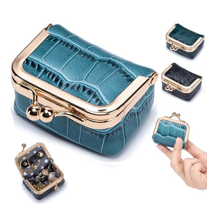 Genuine Leather Mini Jewelry Box & Coin Purse for Women, Travel Jewelry Case with Kiss Lock, Holds Earrings, Rings, Necklace, Bracelet, Coins (Ice Blue Crocdile Pattern) - color: Dark Blue Crocdile Pattern