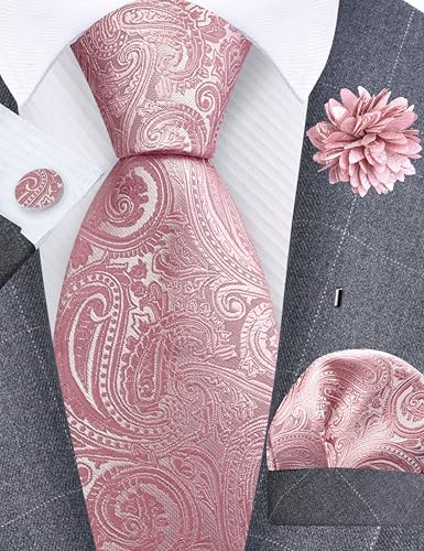 GUSLESON 3.15"（8cm） Mens Tie and Lapel Pin Paisley Necktie Hankerchief Cufflinks Set for Men - color: Dusty Rose