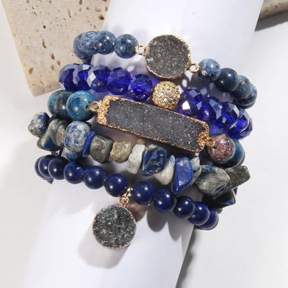Yomisa 5PCS 6PCS Natural Boho Beaded Bracelets/Bangle for Women Men,Healing Turquoise Jasper Agate Crystal Gemstone Stone Chakra Multilayer Wrap Bohemian Handmade Jewelry Beads Stretch Bracelet Set - color: 5PCS-Deep blue