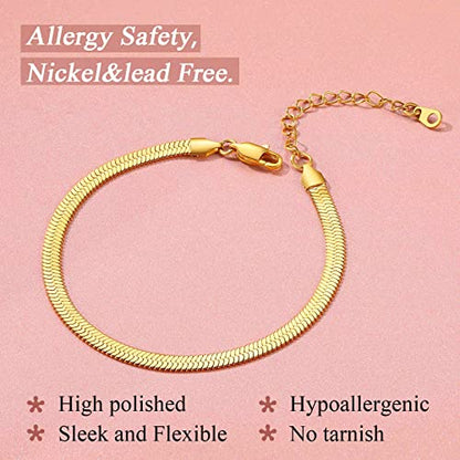 FindChic Elegant Herringbone Snake Chain Anklets/Bracelets 3MM/5MM Width Stainless Steel/18K Gold/Rose Gold Plated/Black 4 Color Options, 8.3'' 8.5'' 10.5'' Length, with Gift Box - color: A: 5mm 8.5'' anklet (Gold Plated)