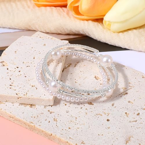 Ymapinc Pearl Bracelets for Women Silver Stretch Bracelets for Women Stackable，Three Layer Bracelet with Pearls and Rhinestones Exquisite Jewelry Decoration
