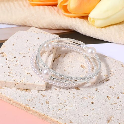 Ymapinc Pearl Bracelets for Women Silver Stretch Bracelets for Women Stackable，Three Layer Bracelet with Pearls and Rhinestones Exquisite Jewelry Decoration