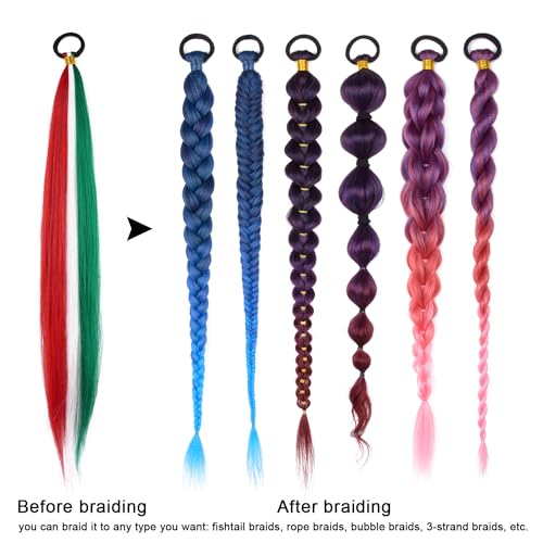 2 Pack Braid Ponytail Extension, Full of Christmas Color Ponytail Extension | 26 Inch Braid Extensions with Elastic Tie Straight Tube Sleek Wrap Extension Hair Ponytail (Green/White/Red#) - color: Green/White/Red#, size: 26 Inch（Pack of 2）