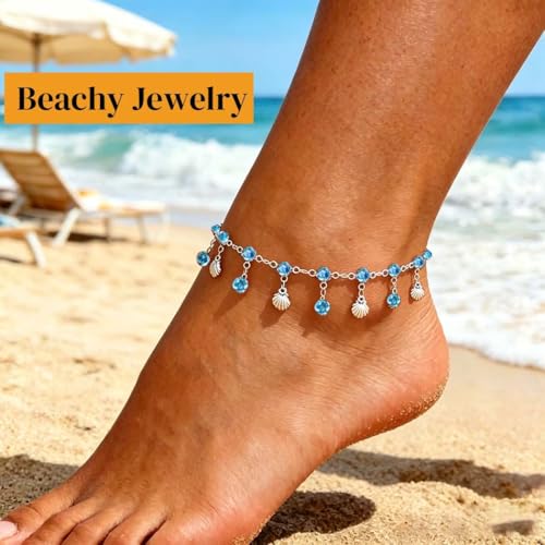 Yalice 925 Silver Plated Charm Chain Ankle Bracelets for Women Dainty Fringe Waterproof Anklets Boho Beach Wedding Foot Jewelry - color: Blue