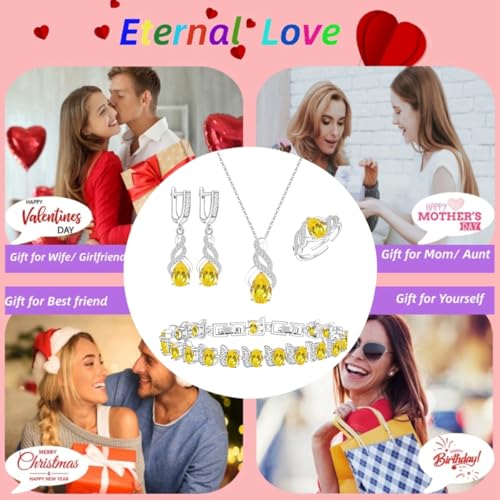 LMXXVJ Jewelry Set for Women,Teardrop Cubic Zirconia Necklace Earrings Adjustable Ring Bracelet Jewelry Set Formal Jewelry Gift - color: MHSD-White Gold-Yellow