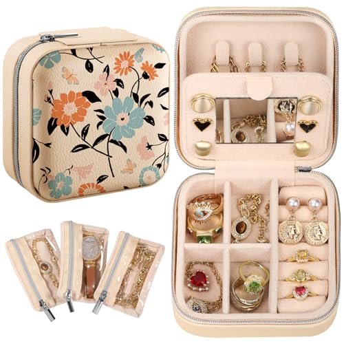 Bistup Travel Jewelry Case - Small Jewelry Organizers and Storage Box for Women Girls Teens Cute Traveling Jewelry Holder with Mirror Little Tiny Compact Blue Floral Modern Unique Aesthetic Pretty - style: Blue Flower
