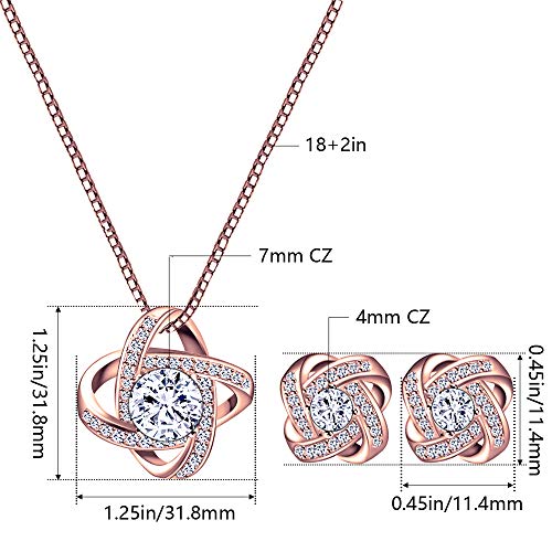 AMYJANE Bridal Jewelry Set for Women - Crystal Cubic Zirconia Love Knot Necklace Stud Earrings Elegant CZ Jewelry Set for Wedding Bride Bridesmaids Gift Set - color: Clear(14k Rose Gold Plated)