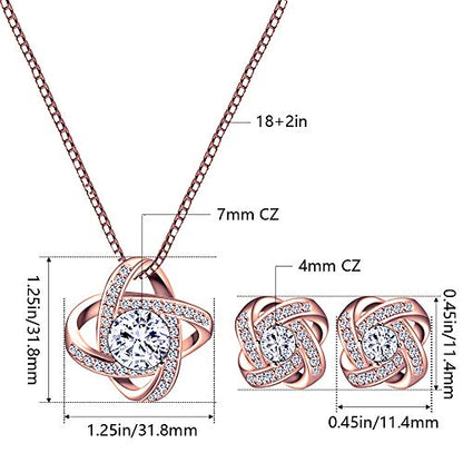 AMYJANE Bridal Jewelry Set for Women - Crystal Cubic Zirconia Love Knot Necklace Stud Earrings Elegant CZ Jewelry Set for Wedding Bride Bridesmaids Gift Set - color: Clear(14k Rose Gold Plated)