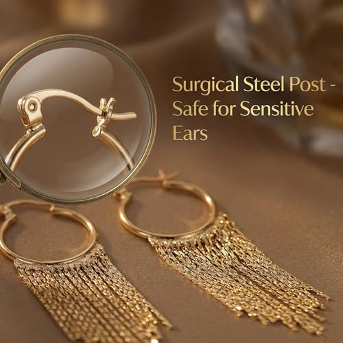 Gold Fringe Earrings for Women - Lightweight Statement Dangle Earrings with Stainless Steel Post, High Polish Long Tassel Drop Jewelry for Prom Wedding - color: Gold