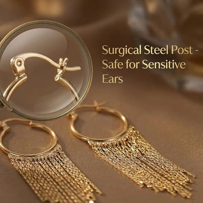 Gold Fringe Earrings for Women - Lightweight Statement Dangle Earrings with Stainless Steel Post, High Polish Long Tassel Drop Jewelry for Prom Wedding - color: Gold