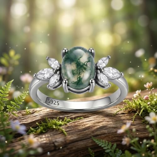 MRENITE Oval Floral Ring for Women S925 Sterling Silver Gemstone Ring for Her Anniversary Birthday Engagement Promise Jewelry Gift - color: Moss Agate