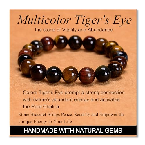 MASSIVE BEADS Handmade Yoga Stretch Elastic Bracelet Natural Stone Crystal Healing Power Energy Gifts for Unisex Adult 4mm 6mm 8mm 10mm - color: 3-Tiger's Eye (Vitality and Abundance), size: 10mm