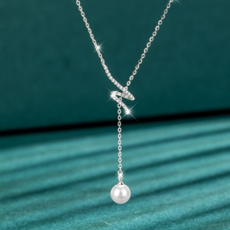 925 Sterling Silver Lariat Necklace for Women | Long 14K Gold Plated Y-Shaped Pearl Necklace CZ Crystal Ball Sparkle Necklace for Mother Daughter Bride Wedding Jewelry - color: Style 1-Sliver