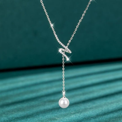925 Sterling Silver Lariat Necklace for Women | Long 14K Gold Plated Y-Shaped Pearl Necklace CZ Crystal Ball Sparkle Necklace for Mother Daughter Bride Wedding Jewelry - color: Style 1-Sliver