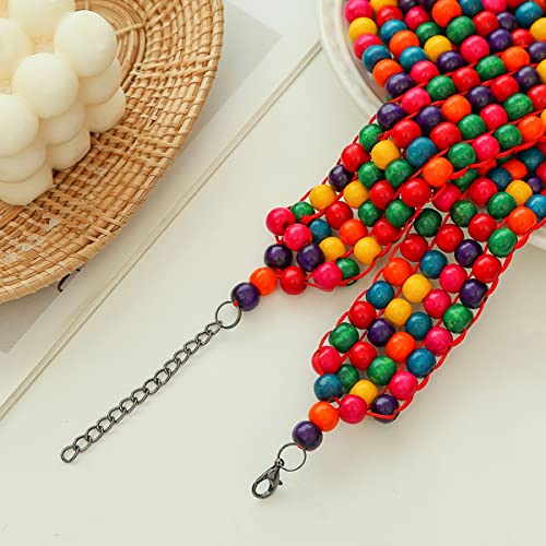 Wooden Beaded Seed Bib Necklace and Earrings Set for Women,Statement African Boho Layering Chunky Collar Choker Set - color: Red
