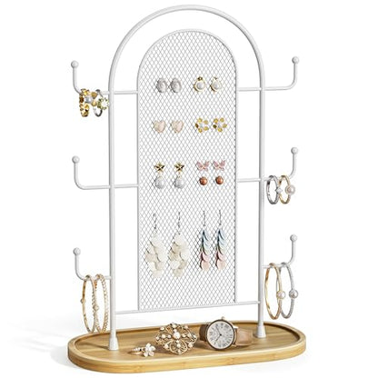 bussdis Jewelry Holder Organizer Earring Display - Earring Storage Tree Stands Towers With 6 Hooks 300 Studs Wood Tray White Metal Rack - color: White
