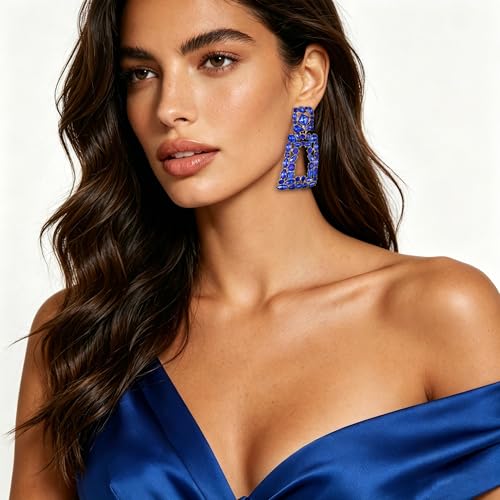 Flyonce Rectangle Clip-on Drop Earrings for Women, Sparkly Rhinestone Crystal Geometric Statement Non Pierced Earring Wedding Prom Party Jewelry for Brides Bridesmaid - color: Blue