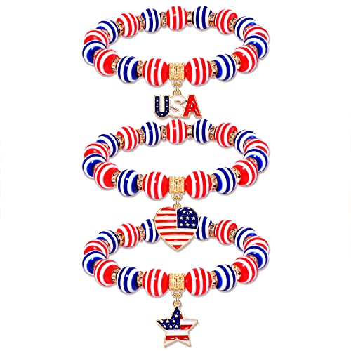 6PCS Patriotic Bracelets 4th of July Beaded Stretch Bracelets for Women Enamel American Flag Heart Star Charm Bracelets Independence Day Accessory Gifts - color: 3PCS 2