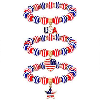 6PCS Patriotic Bracelets 4th of July Beaded Stretch Bracelets for Women Enamel American Flag Heart Star Charm Bracelets Independence Day Accessory Gifts - color: 3PCS 2