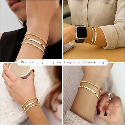 925 Sterling Silver Bracelets for Women Stack, Trendy Tennis Bangle Cuff Jewelry Set 14K Gold Plated, Adjustable Bracelet Set for Wrist Essentials, Women Fashion Watch Band Acecessories - style: Bracelet_3pcs(Dainty Tennis Set)