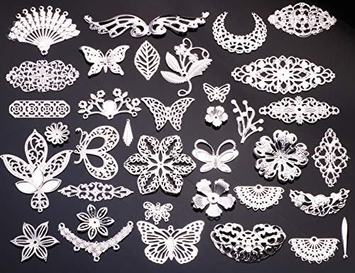 100g Silver Color Plating Filigree Connectors Charms Pendants Findings Iron Metal Embellishments for DIY Hairpin Headwear Earring Jewelry Making, Nickel Free (Silver) - color: Silver