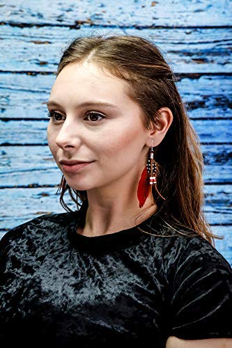 Aloha Earrings-Clip On Real Feather Earrings-Dangle Clip On Earrings Tassel Long Clip Earrings Bohemian - color: Red Feathers