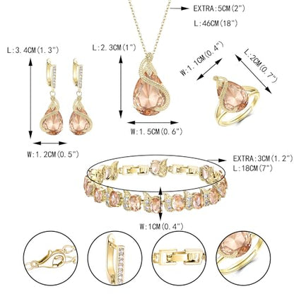 EVER FAITH Wedding Jewelry Set for Bride Bridesmaid, Glamour Teardrop Cubic Zirconia Pendant Necklace Earrings Tennis Bracelet Open Ring Sets for Birthday/Valentine's Day/Mother's Day/Christmas - color: A_Champagne Gold-Plated-Brass